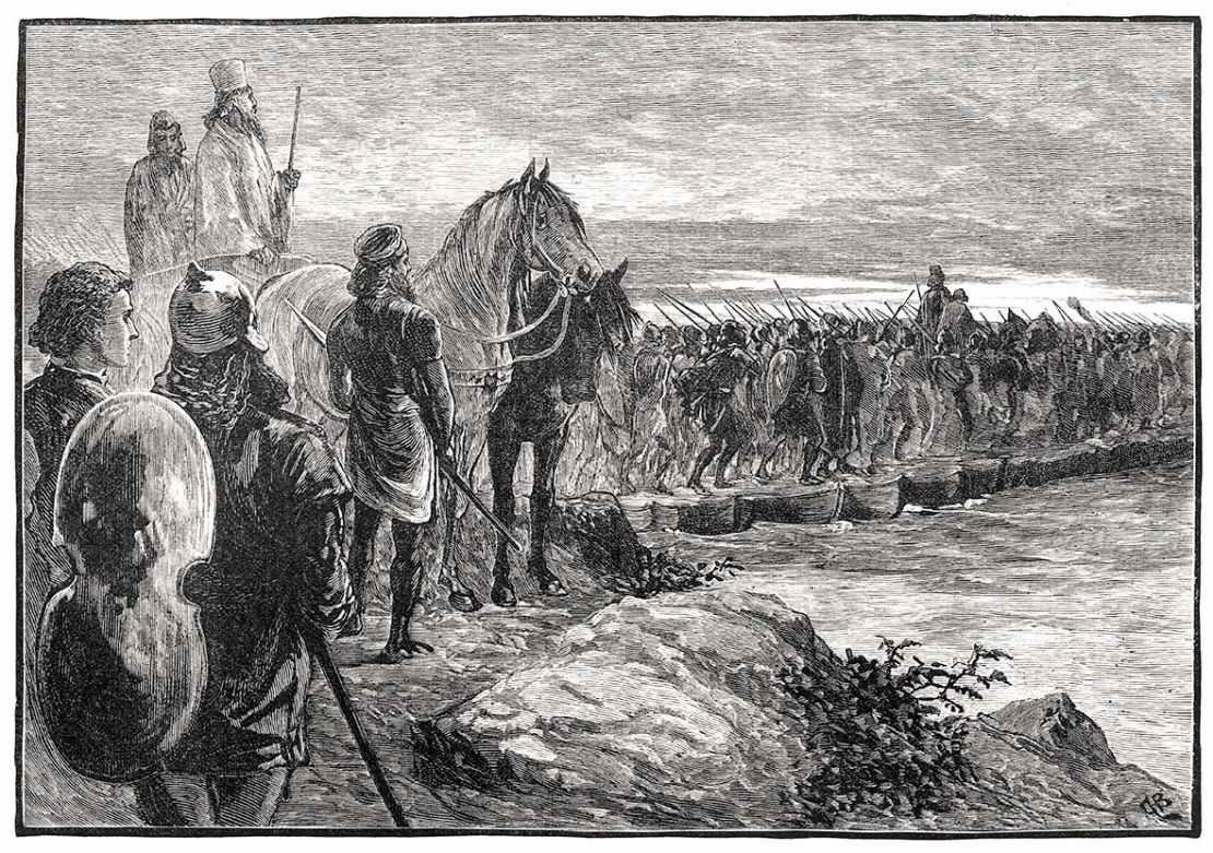 Persijas valdnieks Kserkss ! iebrūk Grieķijā, viņa karaspēks šķērso jūras šaurumu, izmantojot laivu tiltu.