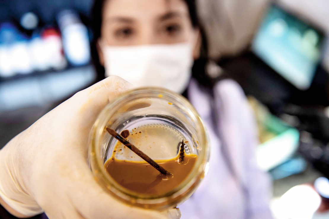 Čīles biotehnologs Nadaks Realess rāda naglu un skrūvi burkā ar metālēdāju baktērijām.