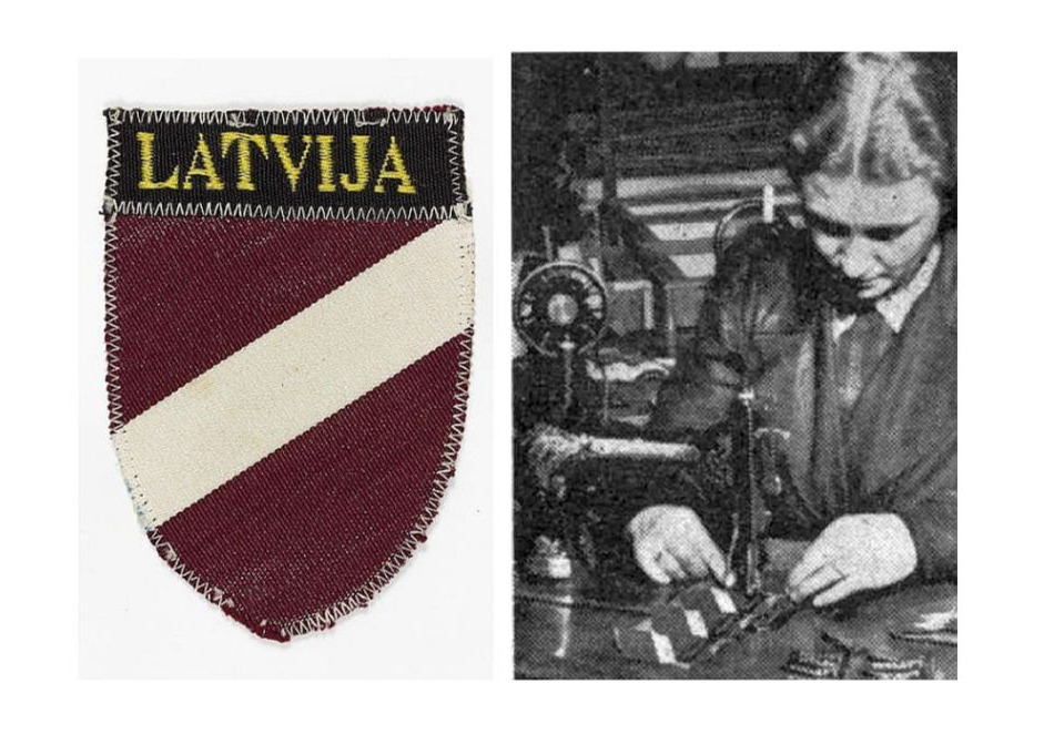 Latviešu leģiona simbols un zīmotņu izšūšana.