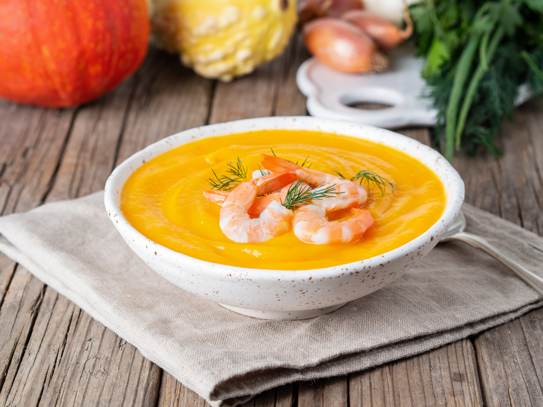 Ķirbju krēmzupa ar garnelēm