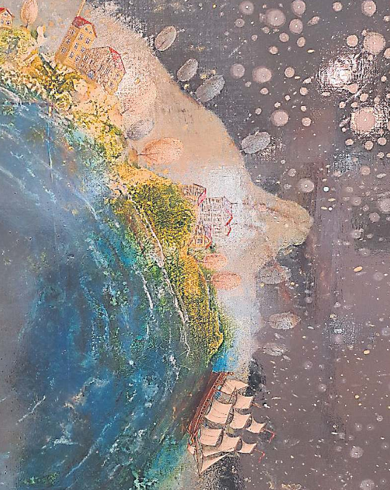 Fragments no Līgas Ķempes darba "Katram sava odiseja", 2023, a. e., 100x80 cm ( Skolēnu simpātiju balva).