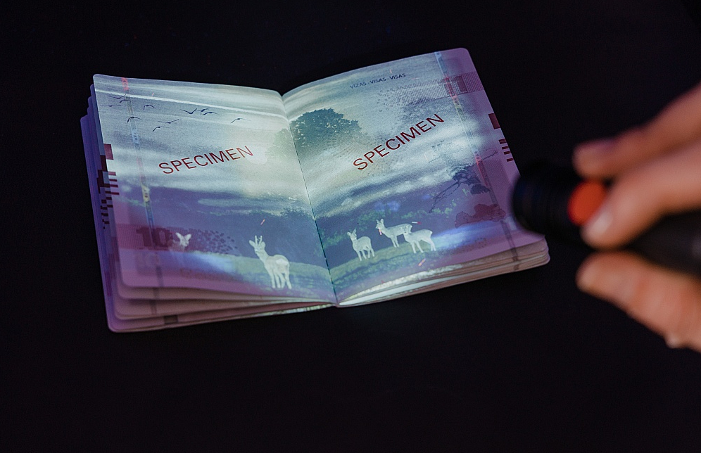 Katrai pases lappusei ir cits dizains. Pasē attēlota Latvijas dabas ģeogrāfiskā daudzveidība, kā arī divdesmit Latvijas dabā sastopami putni.