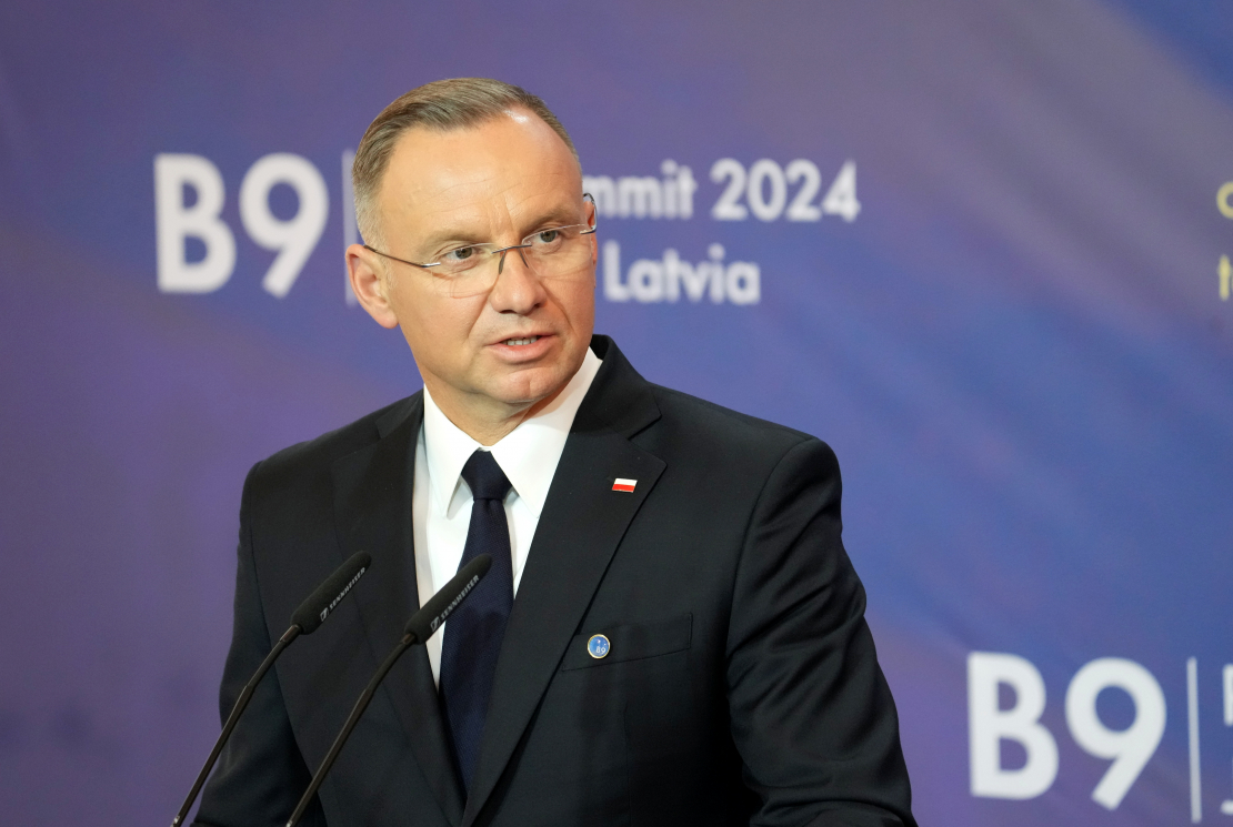 Polijas prezidents Andžejs Duda (Andžejs Duda) piedalās NATO Austrumu flanga valstu samita preses konferencē Rīgas pilī.