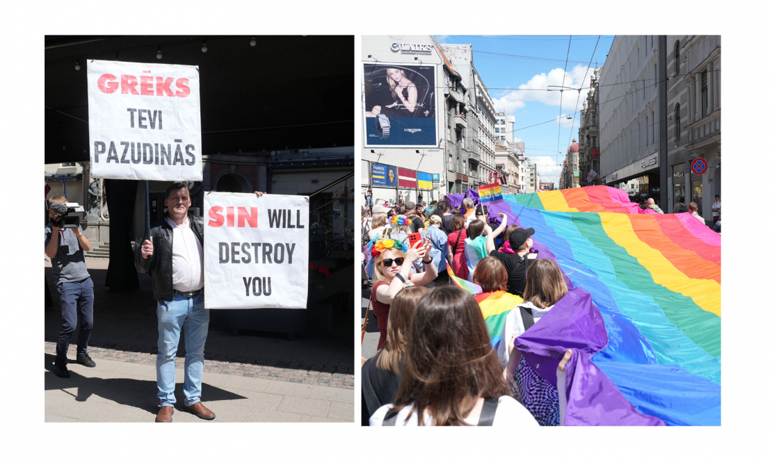 Praida gājiena dalībniekus Rīgas ielās sagaida izretojušies protestētāji.