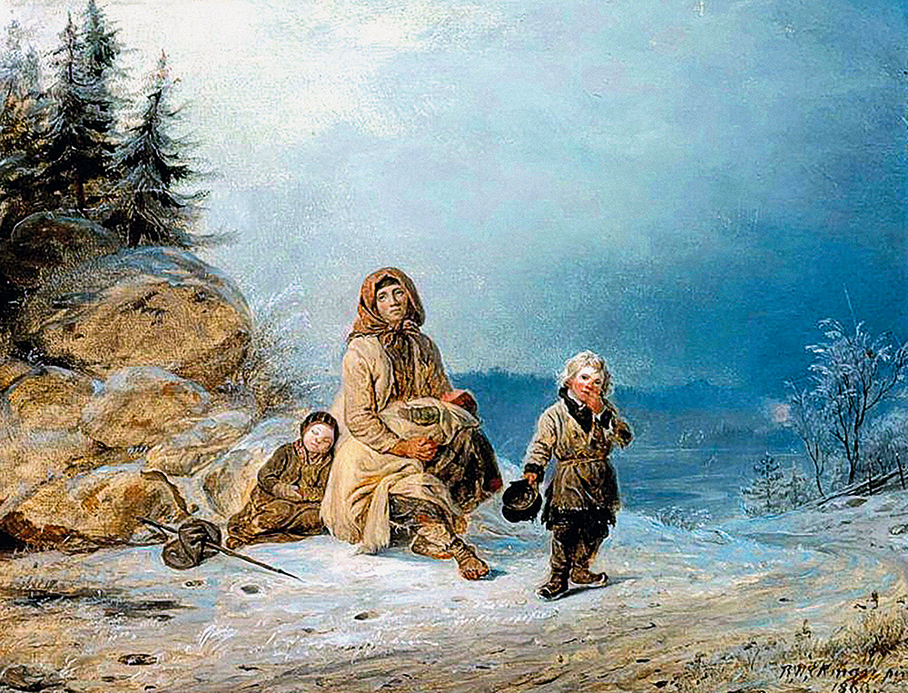 Somu gleznotāja Roberta Vilhelma Ekmaņa glezna "Ubagu ģimene uz ceļa", kas attēlo bada cietušu ģimeni.