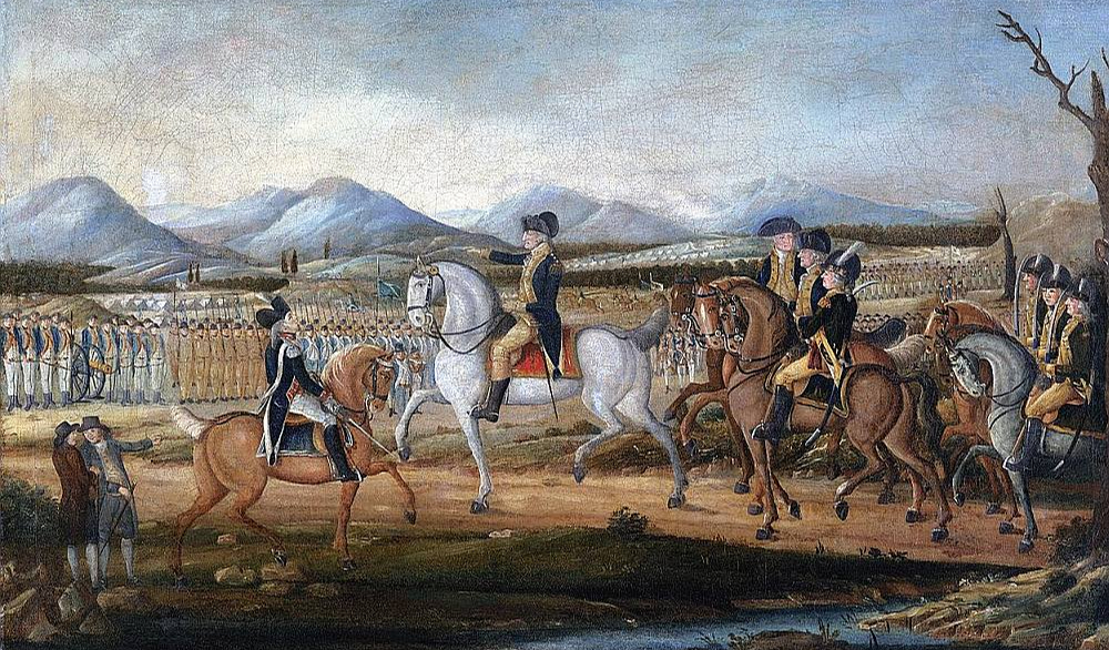 Džordžs Vašingtons armijas priekšā pirms došanās uz Pensilvāniju.