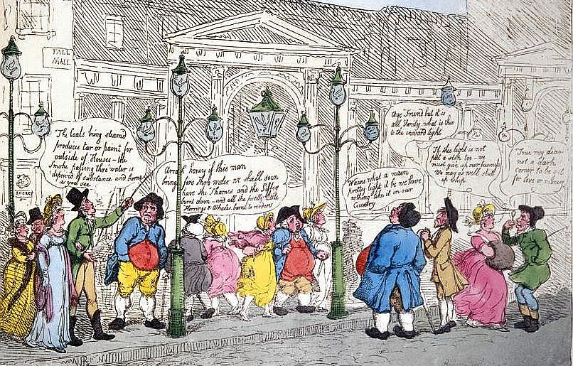 Karikatūra par gāzes apgaismojumu Londonā 1807. gadā.