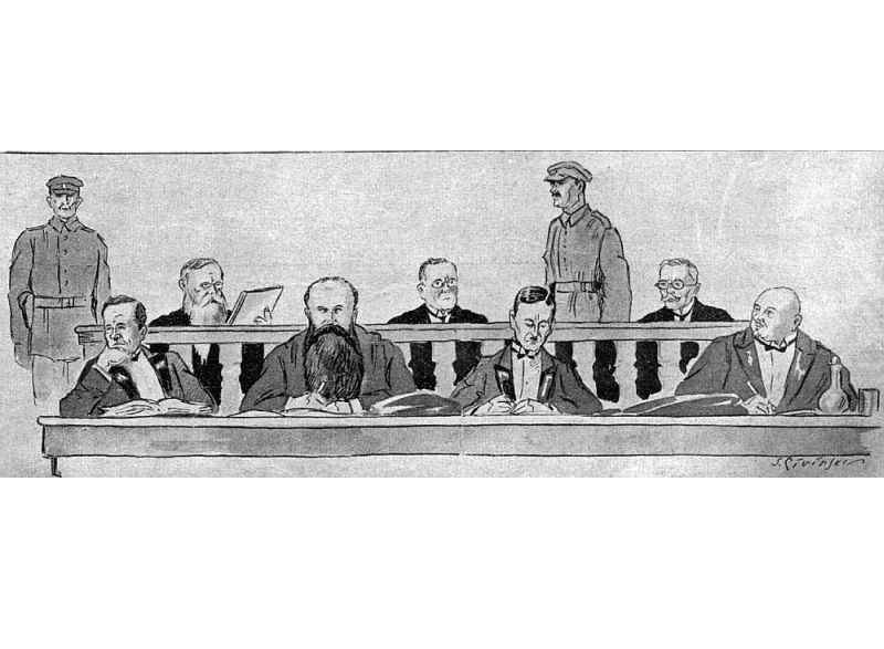 S. Civinska "Ilustrētajam Žurnālam" zīmētā tiesas aina. Otrais no kreisās A. Niedra, T. Vankins un J. Ansbergs.