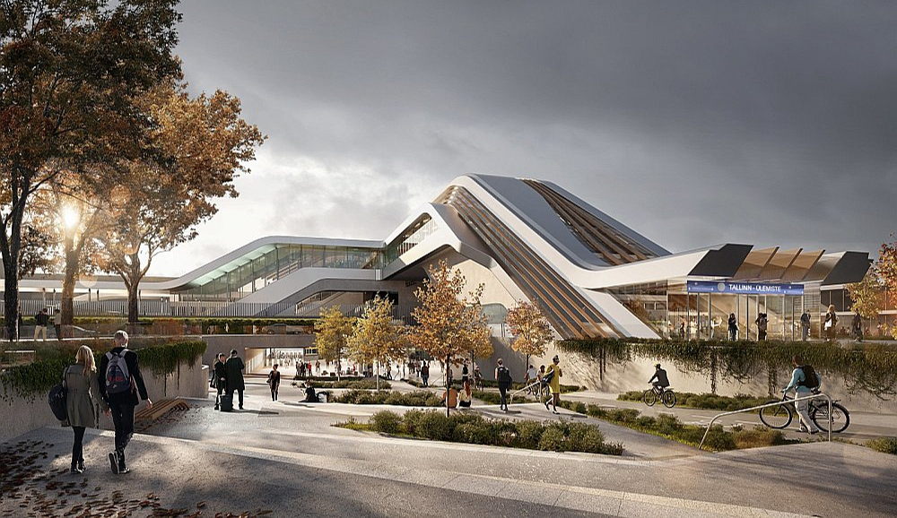 "Rail Baltica" ātrvilciena Tallinas stacijas "Linda" projekta vizualizācija un būvniecības stadija šā gada septembrī.