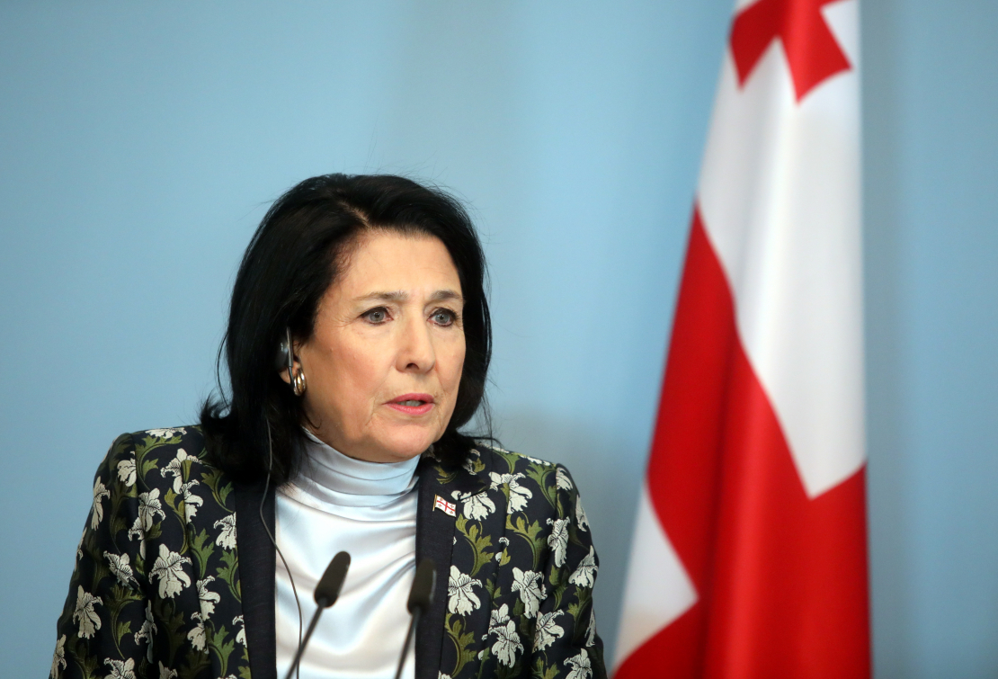Gruzijas prezidente Salome Zurabišvili preses konferences laikā Rīgas pilī.