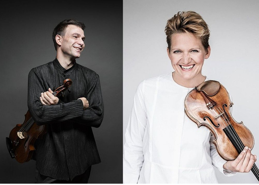 "Berlīnes filharmoniķu" izcilie koncertmeistari – altists Amihajs Gross un vijolniece Vineta Sareika.