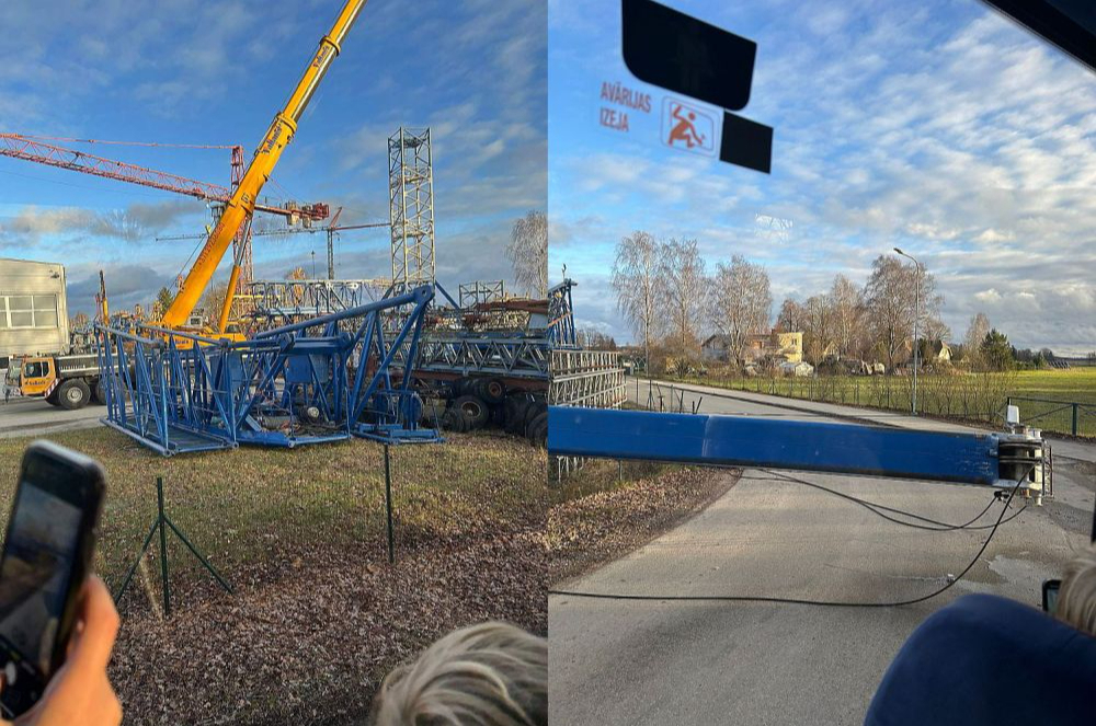 Skolēnu autobusā braukušie bērni nofotografējuši Mārupē uz ielas nogāzušos celtņa konstrukciju.