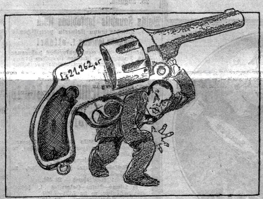 "Pēdējā Brīdī" karikatūra par Bruno Kalniņu un ieroču lietu.