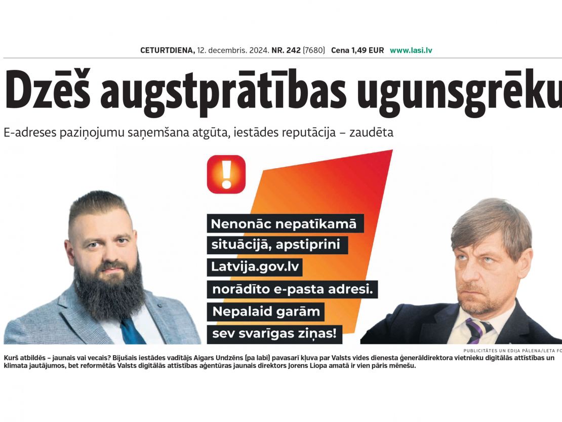 Kurš atbildēs – jaunais vai vecais? Bijušais iestādes vadītājs Aigars Undzēns (pa labi) pavasarī kļuva par Valsts vides dienesta ģenerāldirektora vietnieku digitālās attīstības un klimata jautājumos, bet reformētās Valsts digitālās attīstības aģentūras jaunais direktors Jorens Liopa amatā ir vien pāris mēnešu.
