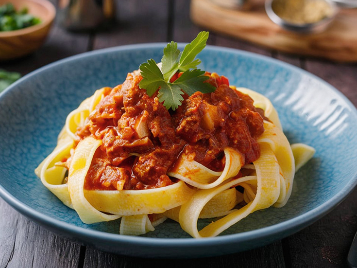 Tagliatelle ar maltas gaļas mērci.