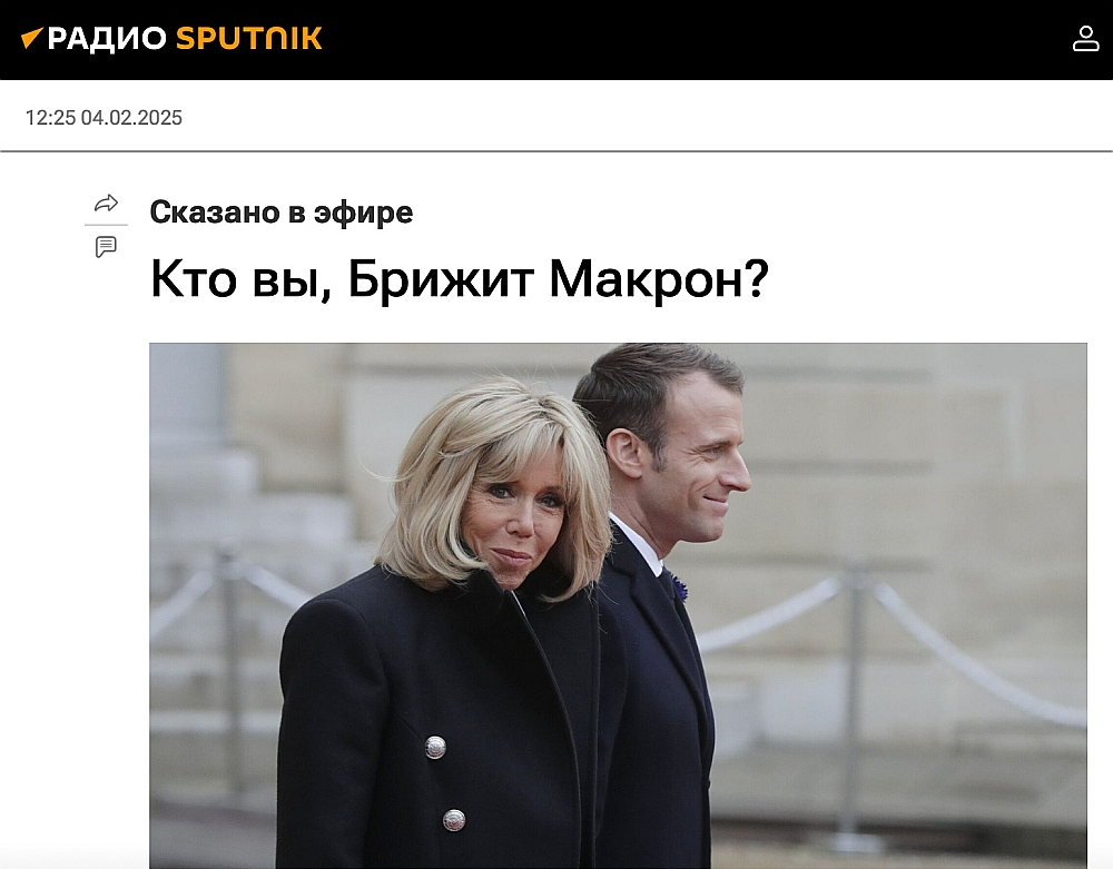 "Kas jūs esat, Brižita Makrona?" – jautā Kremļa propagandas vietne "Sputņik", solot skandāla turpinājumu.