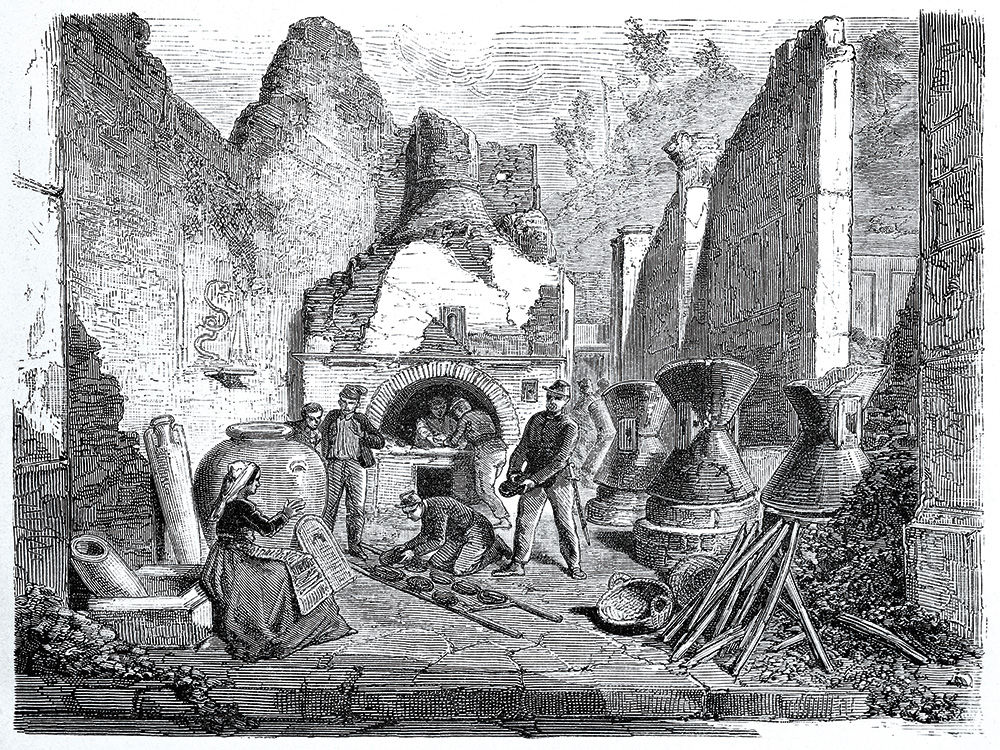 Vecā ilustrācijā – senajā Pompejā atrastā maizes ceptuve ar maizes krāsni  un pat labi saglabājušos maizi.