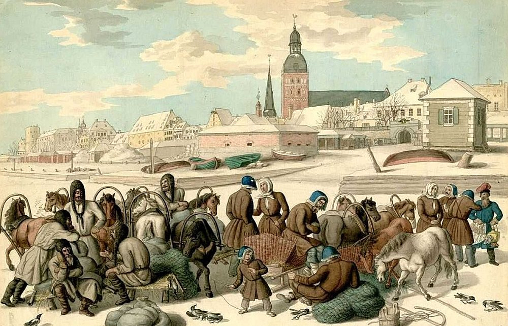 Latviešu zemnieki Rīgā 19. gs. vidū.