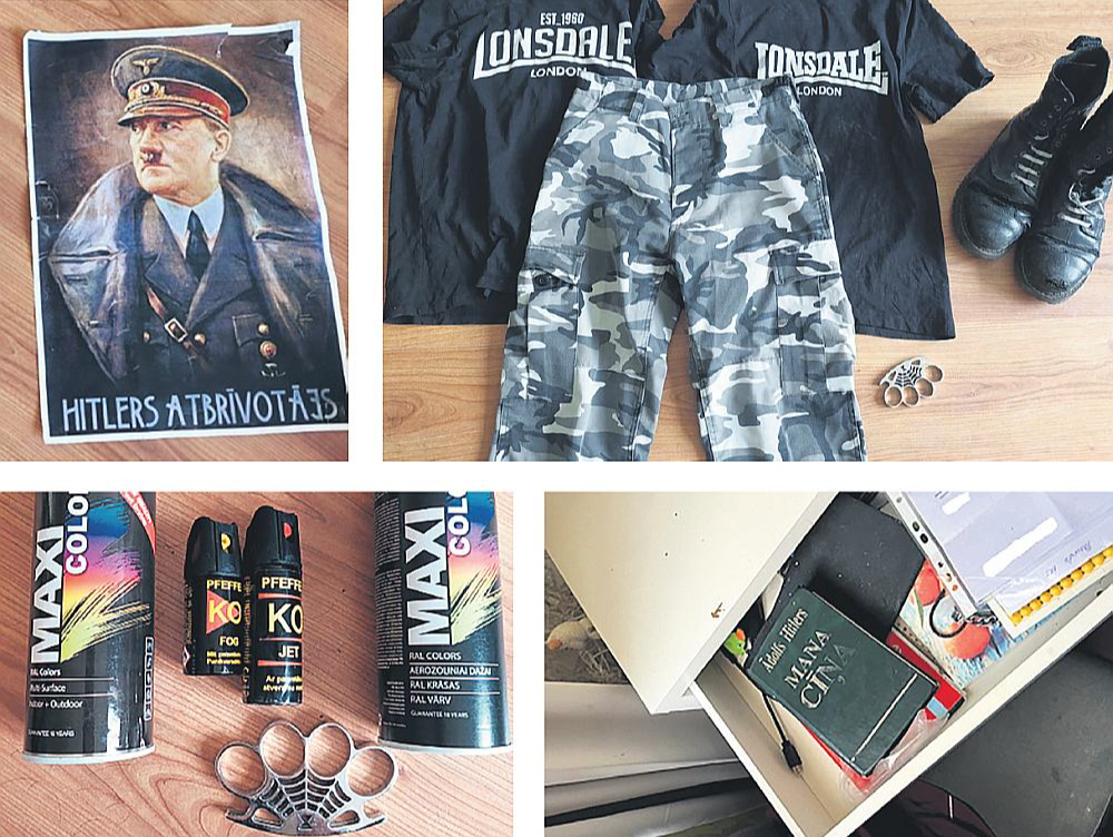 Valsts policija pērn 20. aprīlī ziņoja, ka sadarbībā ar Valsts drošības dienestu aizturēja vairākus skinhedu subkultūras pārstāvjus. Tika minēts, ka viens no aizturētajiem kādam vīrietim bija licis arī publiski slavināt Ādolfu Hitleru. Kriminālprocesos veiktas arī kratīšanas vairākās dzīvesvietās – attēlos priekšmeti, kas izņemti kratīšanā.