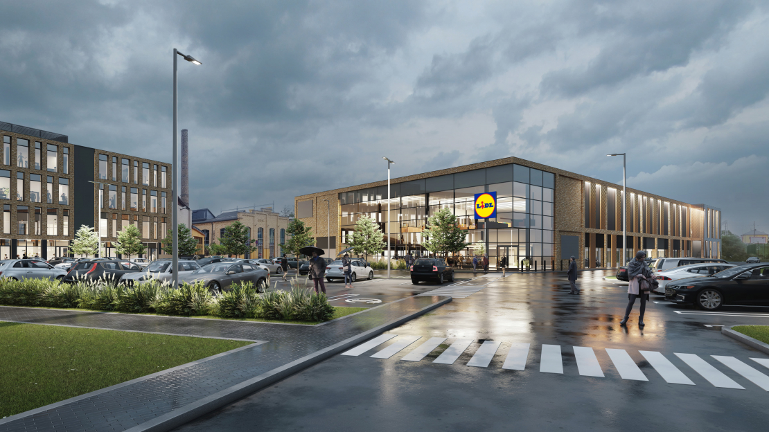 Rīgā, Lāčplēša ielā 76 būs jauns "Lidl" veikals. Vizualizācija.