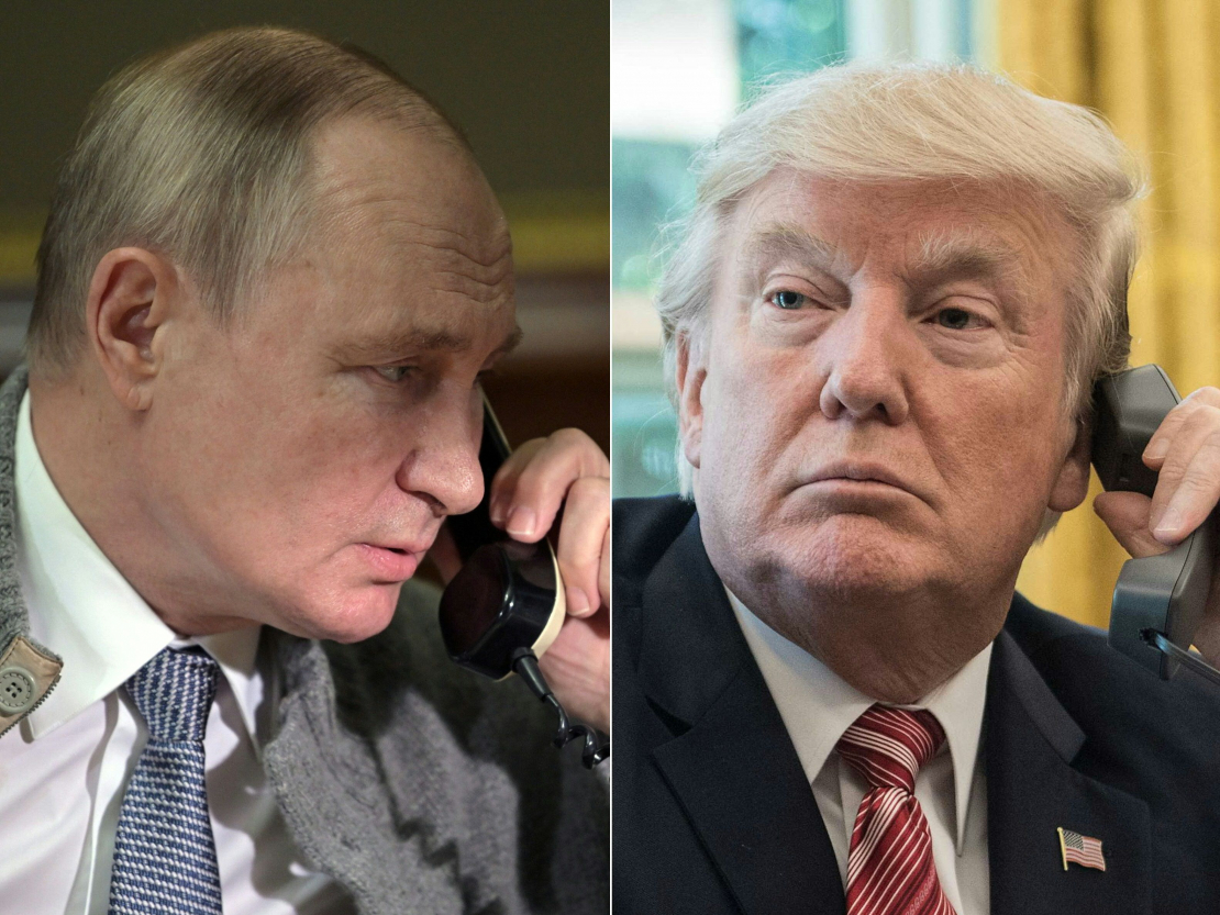 ASV prezidents Donalds Tramps un Krievijas diktators Vladimirs Putins telefonsarunā.