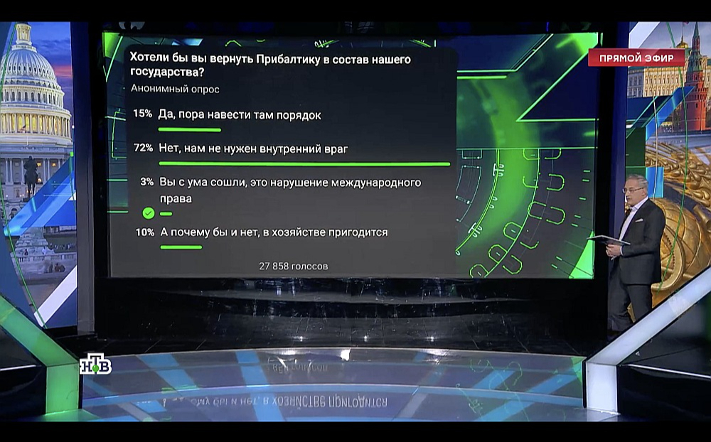 "Vai jūs gribētu Baltiju atgriezt mūsu valsts sastāvā?" – uz šādu jautājumu skatītājiem piedāvā atbildēt Kremļa propagandas kanāls "NTV". Visvairāk atbildējuši, ka "nē, mums nevajag iekšējo ienaidnieku". Tomēr netrūkst arī tādu, kas atbalsta, jo "tur jāievieš kārtība".
