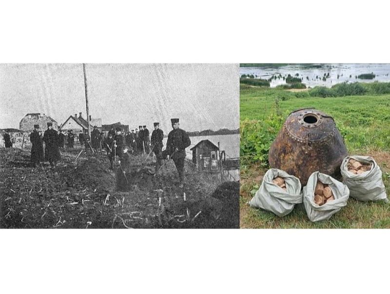 Sapieri darbos pie Krustpils 1925. gadā, un mūsdienās uzietā mīna.