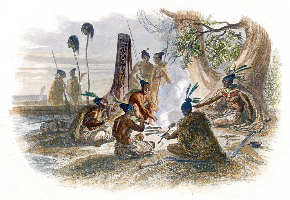 Jaunzēlandes iedzimtie cep un apēd savus ienaidniekus. 1840. gads.

