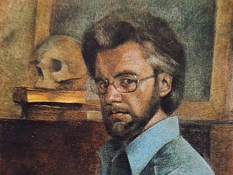 Edvīns Kalnenieks. "Pašportrets ar galvaskausu". 1978, a., past., 70x48.
