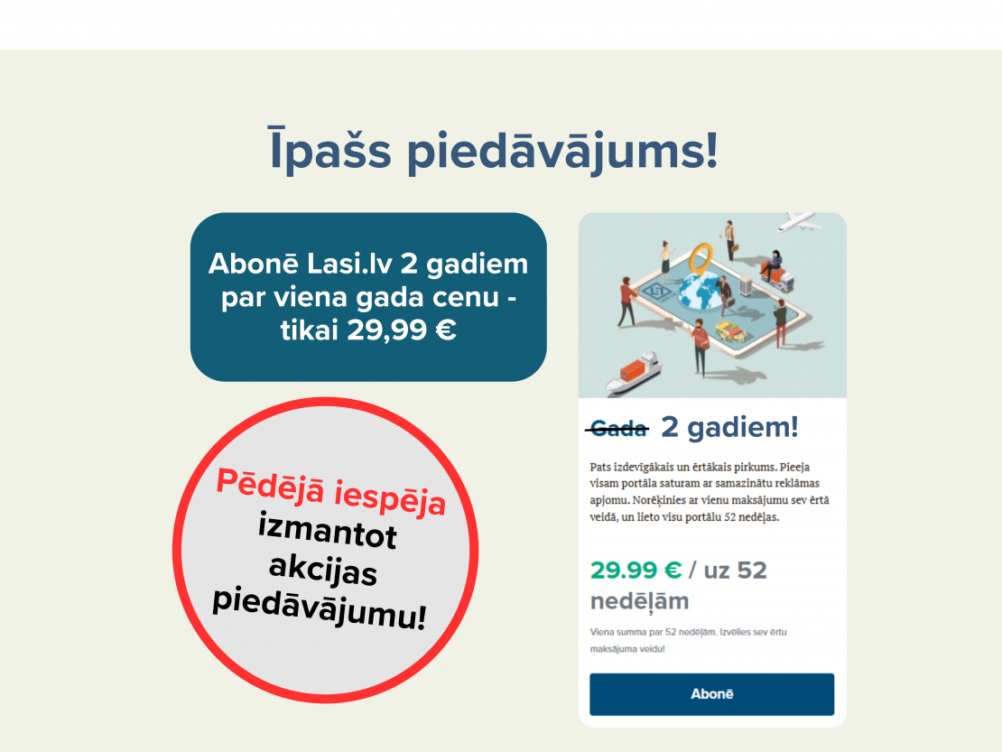 Īpašais piedāvājums: Abonē "Lasi.lv" uz 2 gadiem par viena gada cenu.