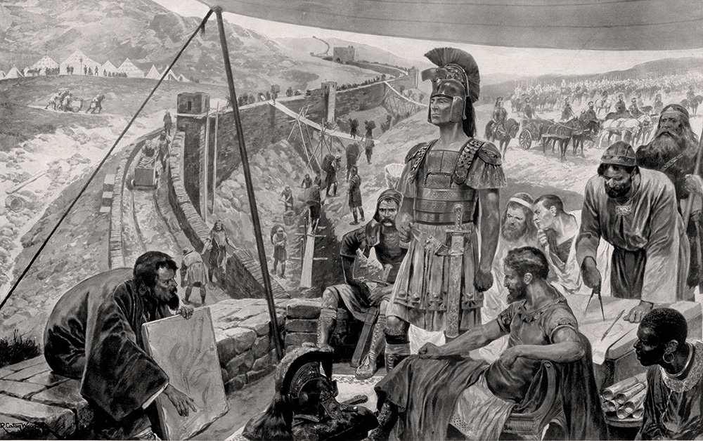 Romas imperators Adrians uzrauga mūra celtniecību. Tā saucamā Adriana siena iezīmēja Romas impērijas robežu Britānijā.