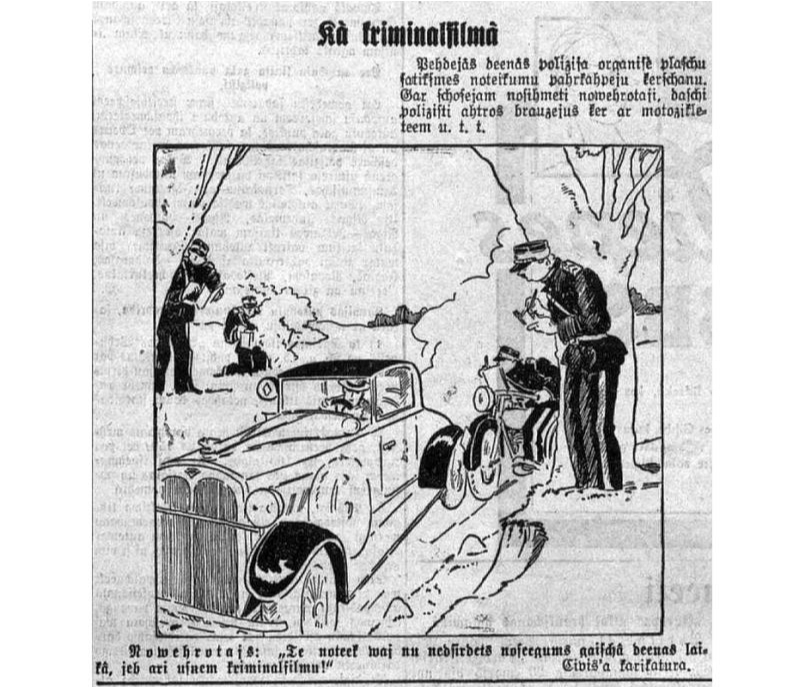 Satiksmes pārkāpēju ķeršana. 1929. gada karikatūra avīzē "Pēdējā Brīdī".