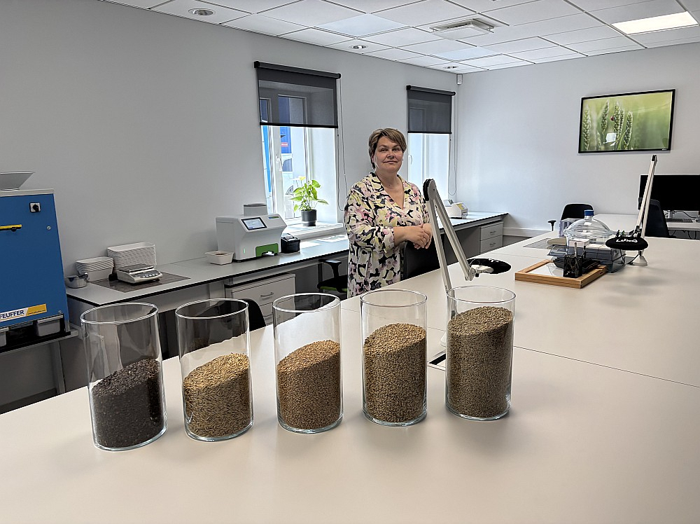 Iecavas sēklu rūpnīcas laboratorijas vadītāja Monta Strazdiņa ar graudu paraugiem.