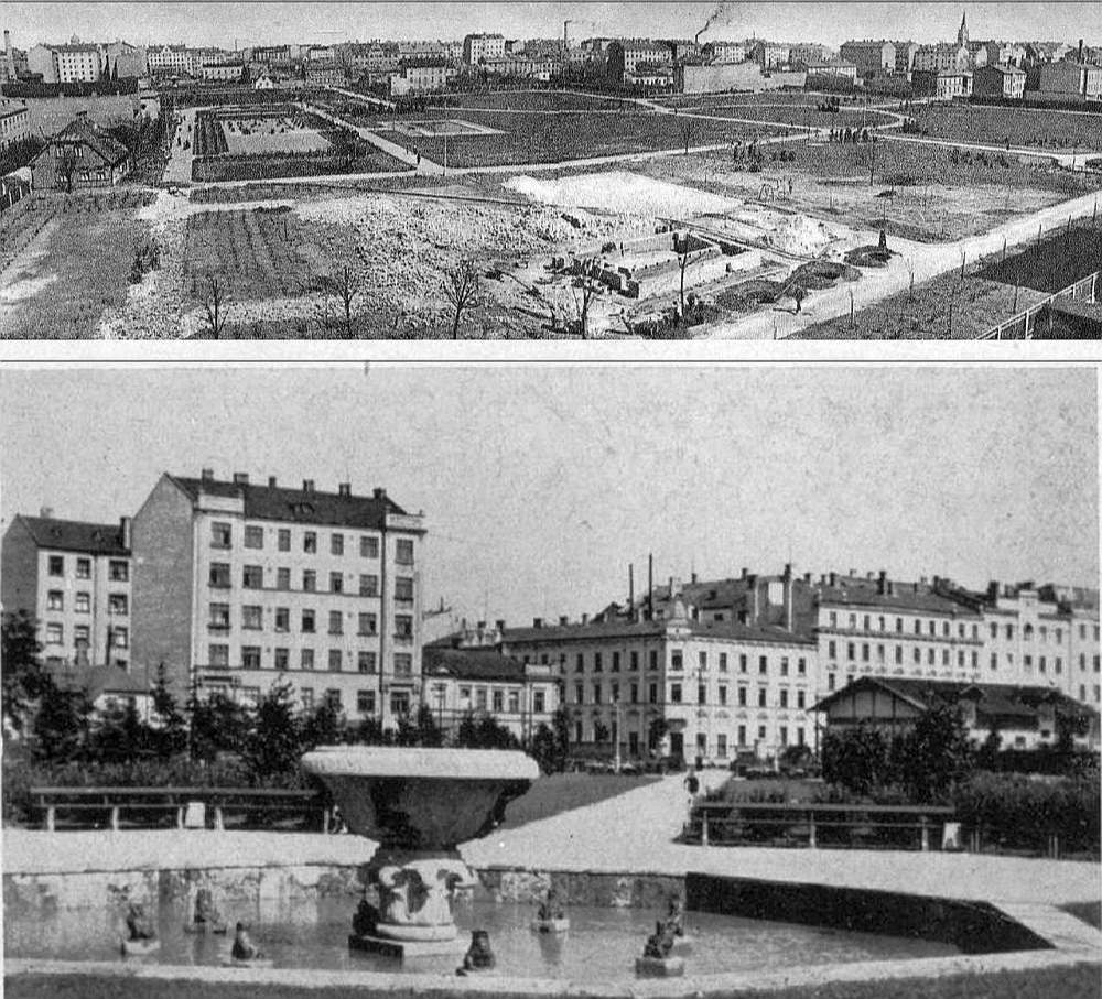 Ziedoņdārza kopskats un strūklaka 1938. gadā.
