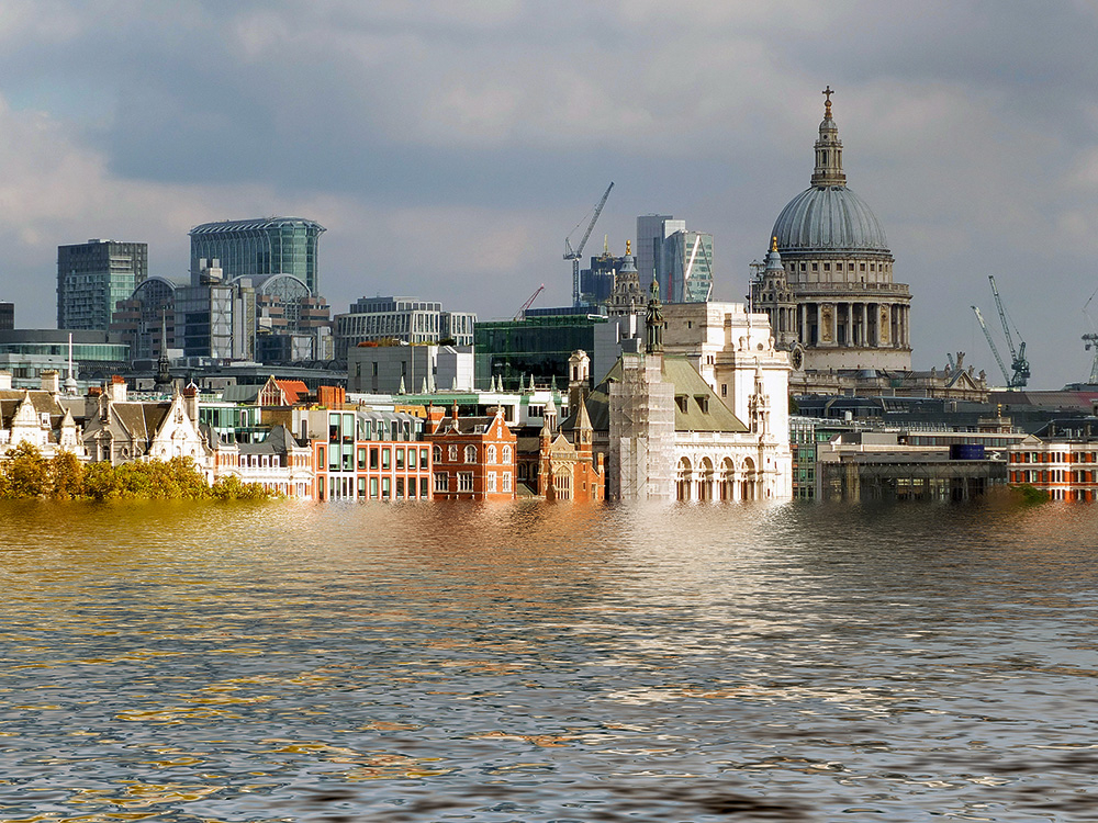 Vīzija par Londonu, ja globālās sasilšanas rezultātā celtos jūras līmenis.