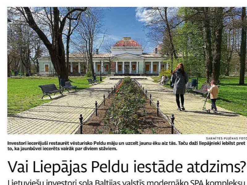 Par ilgstošo diskusiju un problēmām projekta realizācijā, kā arī Liepājas Peldu ēkas vēsturi "Latvijas Avīze" vēstīja publikācijā "Vai Liepājas Peldu iestāde atdzims?" 2024. gada 25. aprīļa numurā.