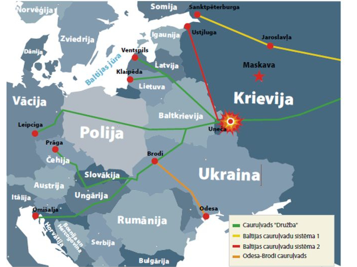 Krievijas naftas cauruļvadu sistēma uz Eiropu.