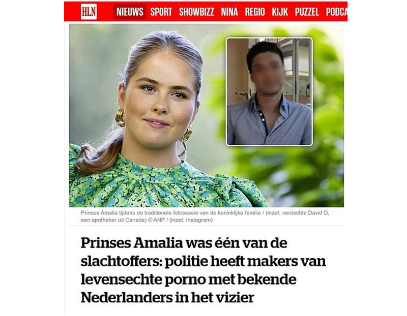 Princese Amālija ir viena no upuriem. Nīderlandes policija izsekojusi dzīves īstenībai ļoti līdzīgu pornogrāfisku materiālu veidotājus ar slavenībām. Tie publicēti vietnē "MrDeepFakes", kuras galvenais vadītājs ir Kanādas farmaceits Deivids D. (aizmiglotā seja attēlā). Šī vietne jau ir slēgta. Aizturēts 73 gadus vecs vīrietis no Ziemeļholandes, paziņojis Prokuratūras dienests.