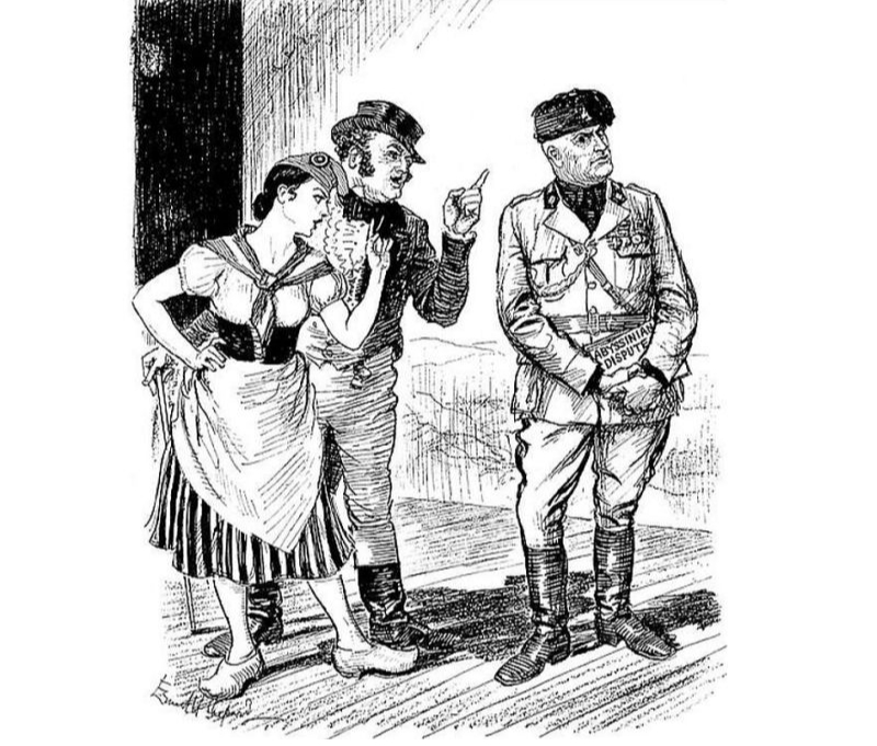 Francija un Anglija "brīdina" Itāliju. Britu karikatūra