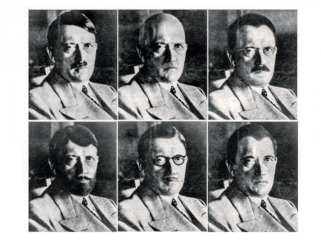 1944. gadā ASV Stratēģisko pakalpojumu biroja kara laika izlūkošanas aģentūra izgatavoja fotoattēlus, lai parādītu, kā Hitlers varētu būt maskējies, ja bēgtu. Pirmais ir īsts Ādolfa Hitlera attēls, bet pārējos piecus 1944. gada 6. jūnijā uzņēma Ņujorkas grima mākslinieks Edijs Sencs. Sazvērestības teorijas par Ādolfa Hitlera nāvi ir pretrunā ar faktu, ka Ādolfs Hitlers 1945. gada 30. aprīlī izdarīja pašnāvību savā bunkurā.