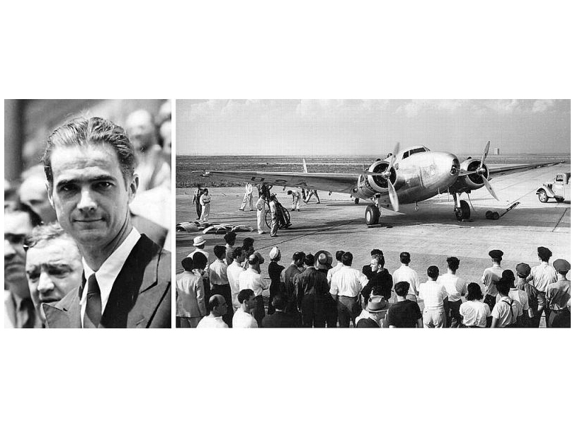 Hovards Hjūzs 1938. gadā un viņa "Lockheed 14 Super Electra" pirms izlidošanas.