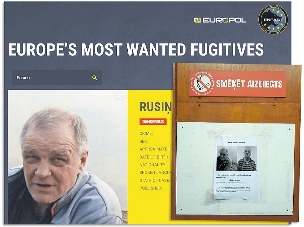 Leons Rusiņš joprojām ir policijas meklēšanā – attēlā pa labi fotogrāfija kādā no telpām ēkā, kur atrodas Bauskas policija, tiesa un prokuratūra. Viņš ir arī Eiropas visvairāk meklēto noziedznieku sarakstā – viņa vārds un foto ir publicēts Eiropas Savienības dalībvalstu izveidotā noziedznieku meklēšanas komandu tīkla ENFAST vietnē "eumostwanted.eu".