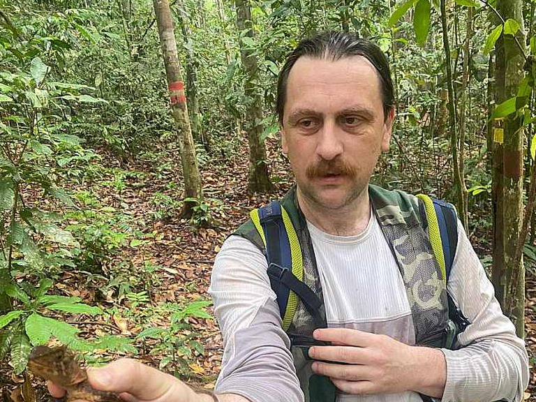 Dmitrijs Teļnovs Malaizijas mūžamežos ar ragaino akantozauru – rāpuli no agāmu dzimtas.