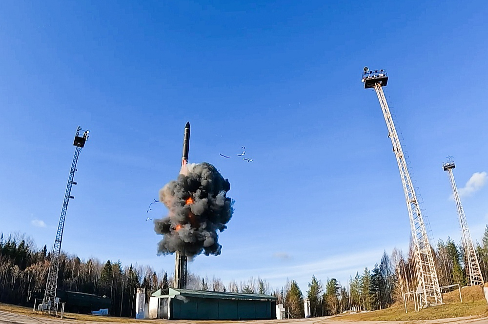 Starpkontinentālās ballistiskās raķetes "Jars" palaišana Krievijas stratēģisko kodolspēku mācību laikā šā gada oktobrī.