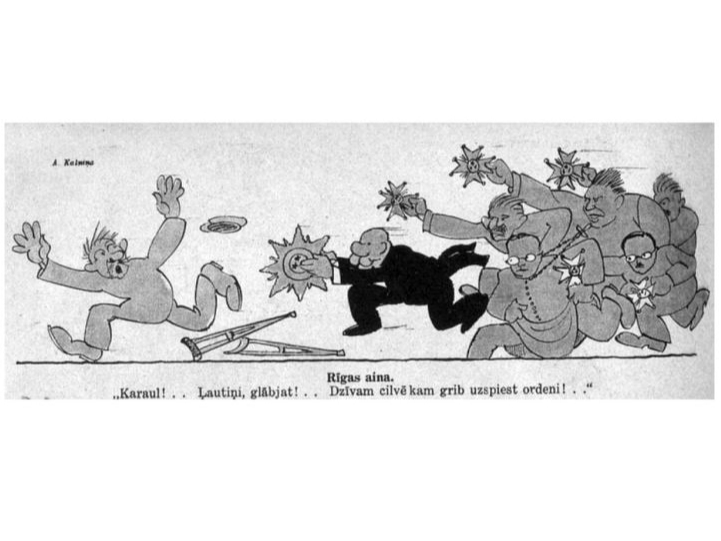 1926. gada novembrī Latvija piedzīvoja skandālu, jo no Triju Zvaigžņu ordeņa, pēc preses ziņām, atteicās teju simts personu. Karikatūra no tā laika žurnāla "Svari".