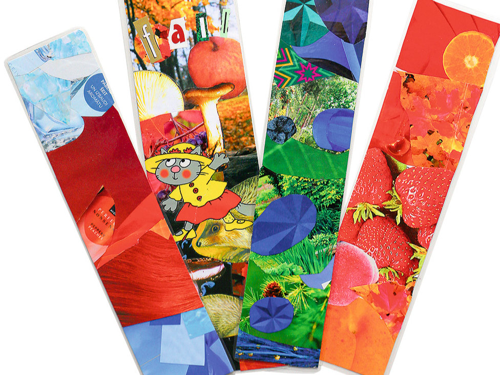 Ielaminētas grāmatzīmes no krāsainu papīru kolāžas.