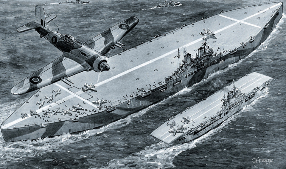 Milzīgā lidmašīnu bāzes kuģa “Habakkuk” (centrā) projekts, kas būvēts no ledus un koksnes masas un tika ierosināts kā slepens ierocis Otrajā pasaules karā. Šo projektu 1942. gadā izvirzīja Džefrijs Paiks, taču tas nekad netika uzbūvēts. “Habakkuk” ir attēlots blakus lielam britu lidmašīnu bāzes kuģim “Indefatigable” (pa labi), kas būvēts no parastajiem materiāliem.