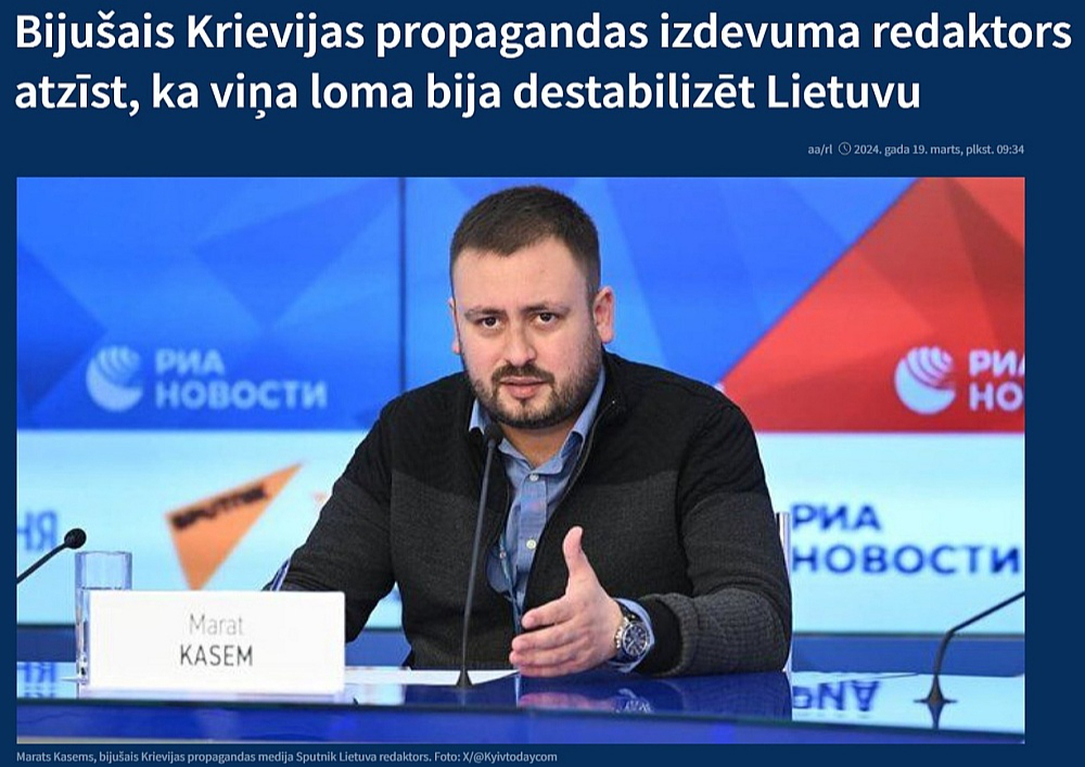 Pagājušā gada pavasarī Austrumeiropas valstu medijus aplidoja bijušā "Sputnik Lietuva" galvenā redaktora Marata Kasema publiskā grēksūdze. Attēlā – Polijas medija "TWP World" publikācijas pieteikums.