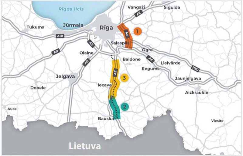 Latvijas lielāko tranzīta ceļu pārbūves plāni (pa pārbūves posmiem līdz 2034. gadam).