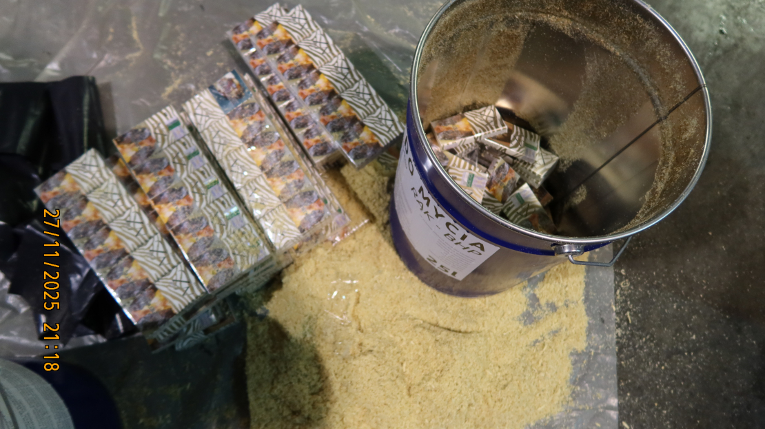 Spaiņos sabērtas zāģskaidas, bet zem tām — dažādu marku cigaretes.